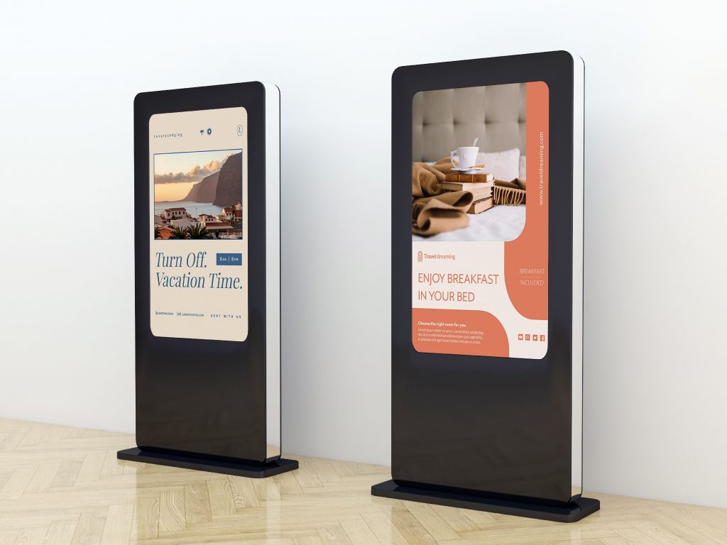 digital signage and digital display example of application for the hospitality industry with call to action texts